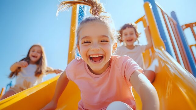 Joyful children sliding down a playground slide, creating laughter and cherished memories under a bright, sunny sky filled with joy.