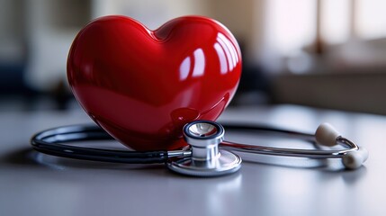 A red heart symbolizing health beside a stethoscope.