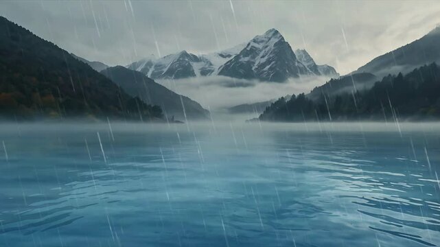 View of a foggy lake during rain. Seamless 4K looping timelapse video animation background