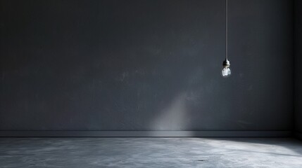 Dark empty room with single flickering light bulb casting long shadows, emphasizing absence of power and eerie atmosphere, minimalist setting with focus on light bulb's glow.