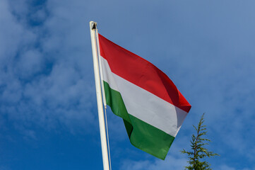 Hungarian flag waving against a clear blue sky, surrounded by lush greenery on a sunny day
