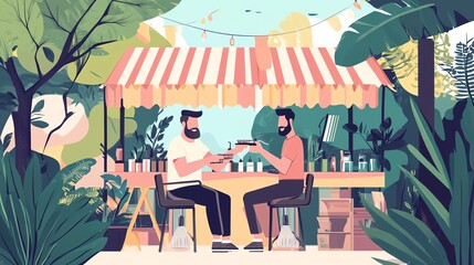 Two friends enjoying drinks in a vibrant outdoor cafe surrounded by nature.