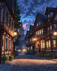 Fototapeta premium Charming German Village Street at Dusk