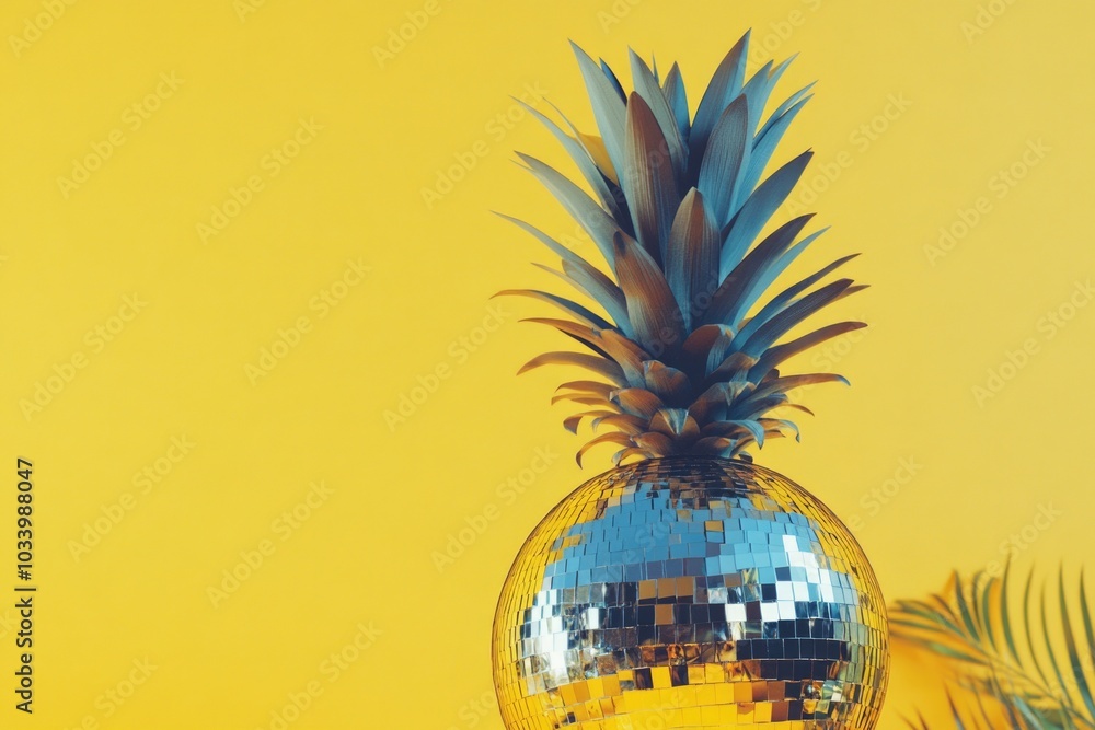 Poster a bright and colorful pineapple sits atop a reflective mirror ball, offering a unique visual combina