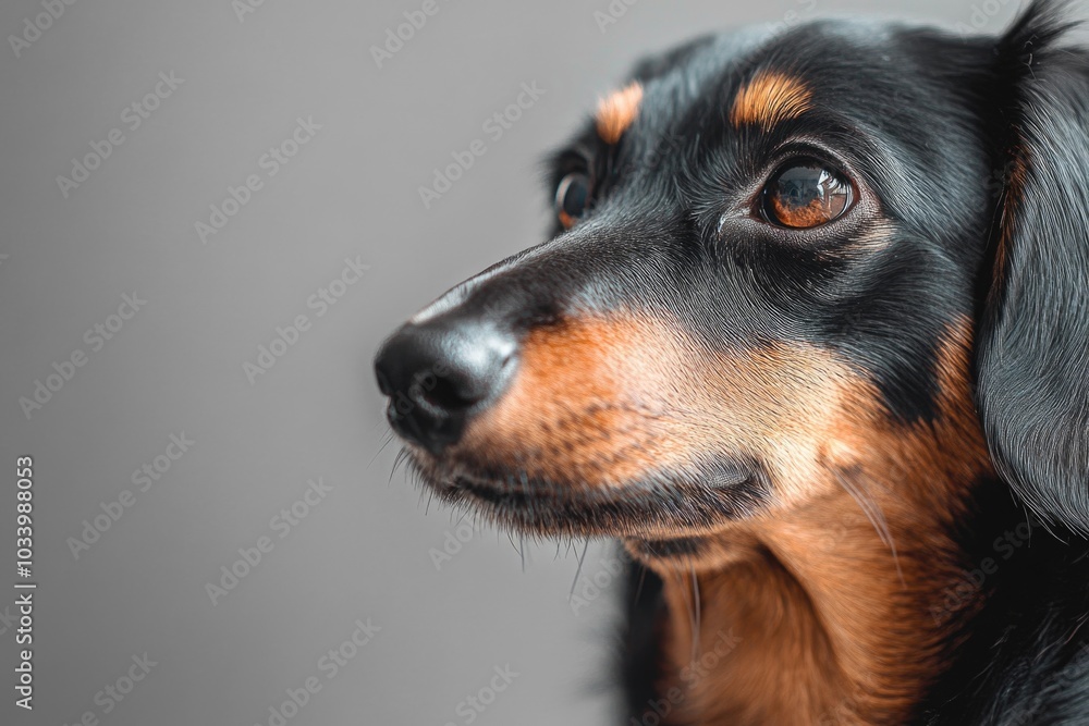 Poster a close-up shot of a dog's face on a gray background, perfect for use in pet-related designs or as a