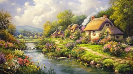 Cottages by a river in a lush garden.