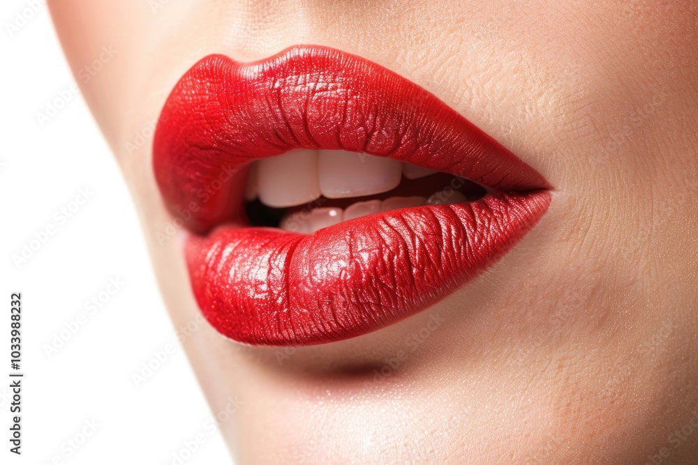 Poster Close-up shot of a woman's lips with bold, bright red lipstick