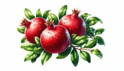 Fresh pomegranates with bright green leaves, strawberries are bright red and ripe, surrounded by leaves, making it look natural and healthy. The scene is simple and isolated.