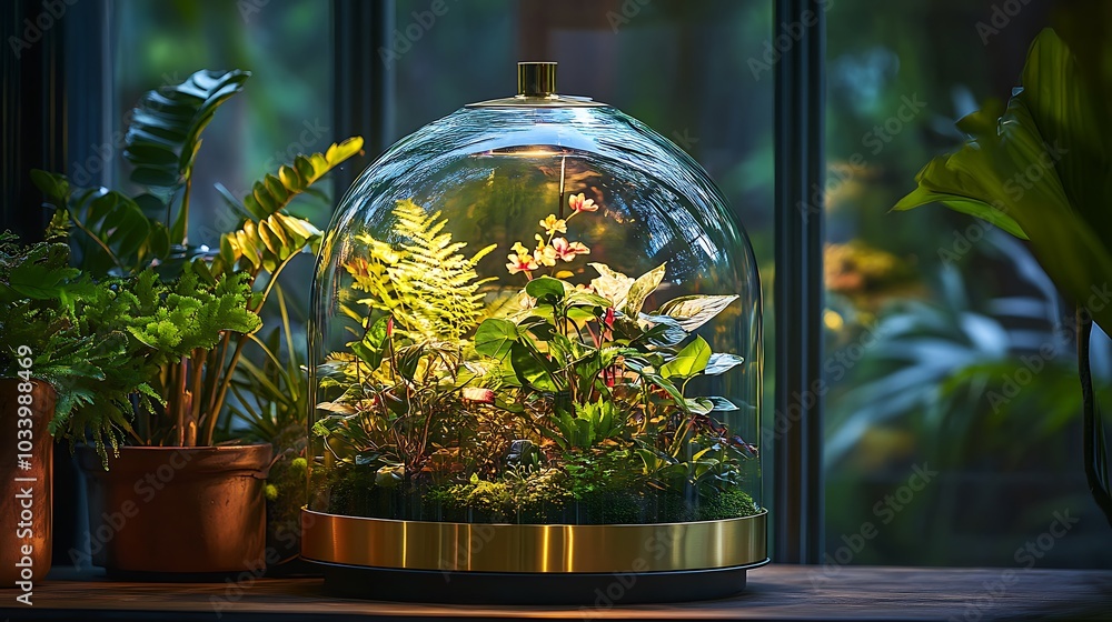 Canvas Prints A vintage terrarium with lush exotic plants inside a clear glass dome, the gold-accented base adding a luxurious touch, soft natural light creating a glow around the greenery,