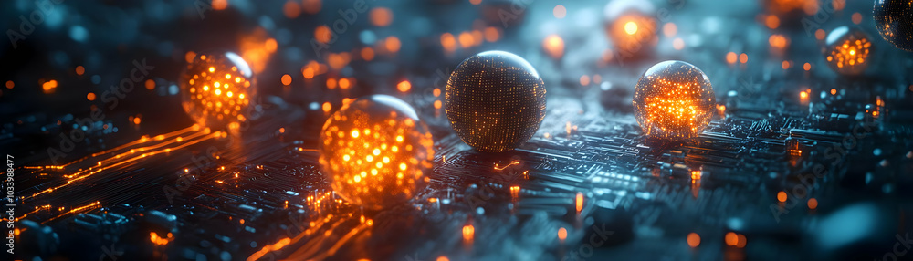 Poster nano currency transactions: extreme close-up of microscopic robots exchanging glowing digital curren