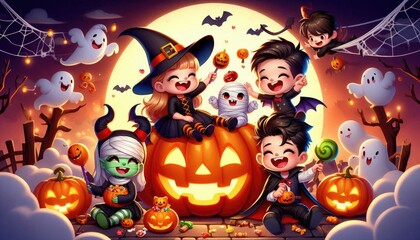 A fun and playful Halloween scene featuring adorable cartoon kids dressed in costumes of a witch, a devil, and a vampire, joyfully sitting on a large glowing jack-o'-lantern. The children are laughing
