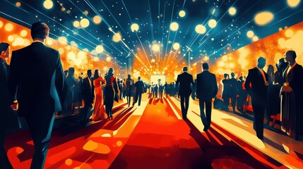 People walk red carpet under bright lights.