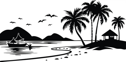 Obraz premium Black and white vector illustration of two palm trees on a beach, ocean view, silhouette of people sitting under the trees, distant buildings, simple shapes, bold lines, thick outlines, no shading