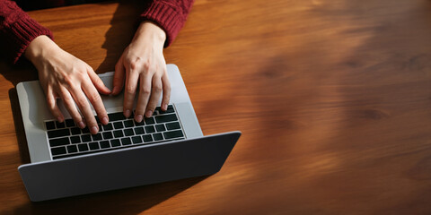 Naklejka premium People working on laptop computer, freelancer, digital nomad, online work, typing on laptop, surfing the internet in a cafe, remote work