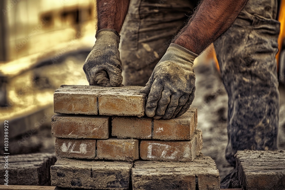 Canvas Prints A construction worker stacking bricks on site