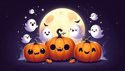 Fototapeta premium A cute and spooky Halloween scene featuring three jack-o'-lanterns with different expressions one cheerful, one surprised, and one grumpy. Each pumpkin has tiny, happy ghosts floating out of their top