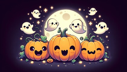 A cute and spooky Halloween scene featuring three jack-o'-lanterns with different expressions one cheerful, one surprised, and one grumpy. Each pumpkin has tiny, happy ghosts floating out of their top