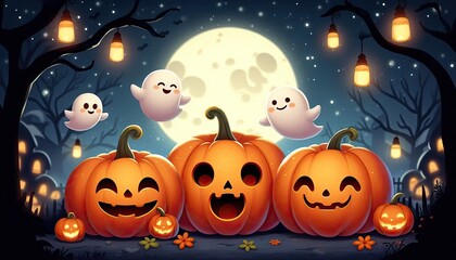 Fototapeta premium A cute and spooky Halloween scene featuring three jack-o'-lanterns with different expressions one cheerful, one surprised, and one grumpy. Each pumpkin has tiny, happy ghosts floating out of their top