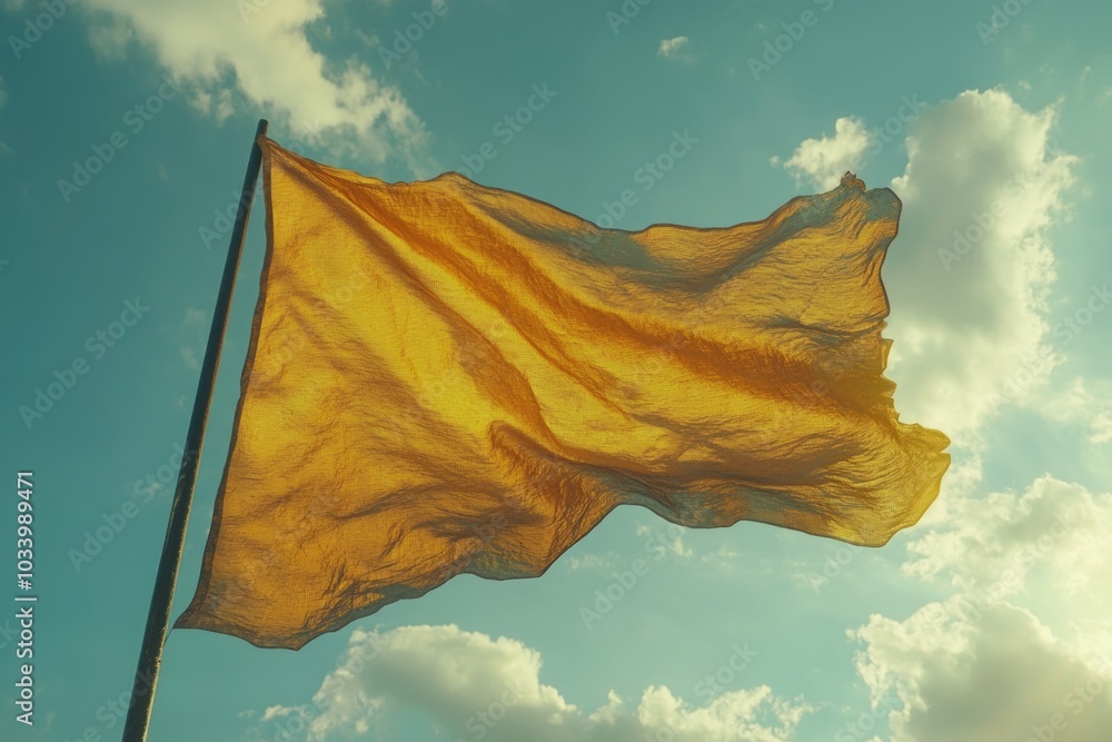 Poster a yellow flag waving in the air, often used as a symbol of warning or caution