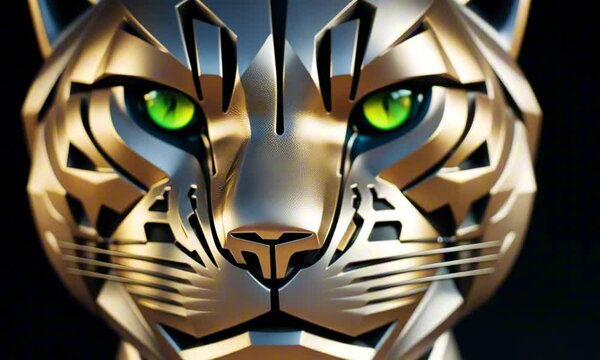 gold metallic robotic panther head with glowing green eyes