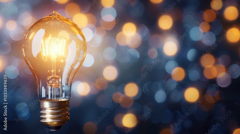 Poster glowing light bulb illuminates blurred background of colorful bokeh lights, creating warm and inviti