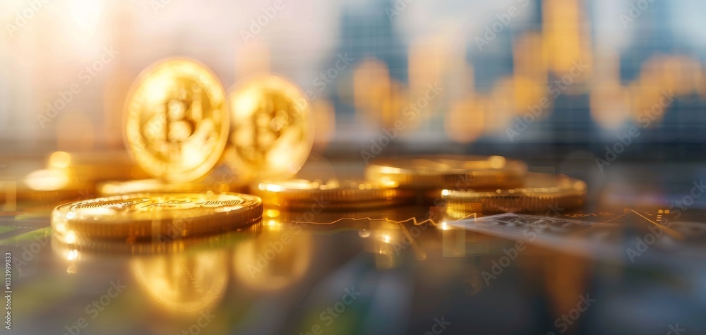 Fototapete Close-up of Bitcoin coins on a reflective surface with a blurred financial graph in the background, symbolizing cryptocurrency and investment.