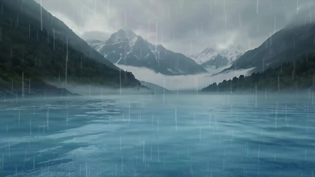 View of a foggy lake during rain. Seamless 4K looping timelapse video animation background