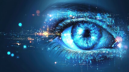 An abstract eye radiates digital patterns, embodying vigilance and constant monitoring in cybersecurity