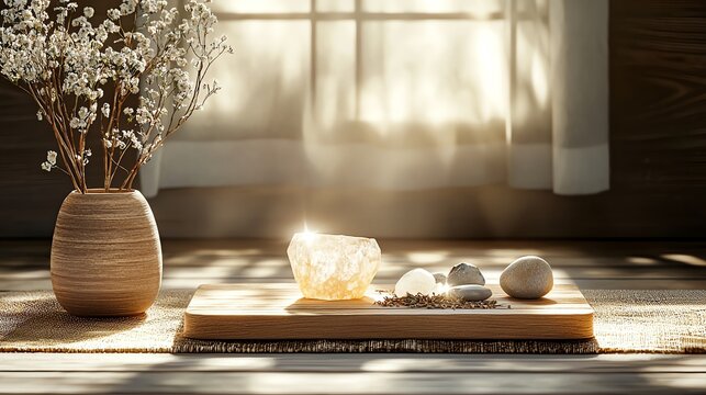 Crystals and dried herbs on a meditation mat, natural healing tools, 3D illustration