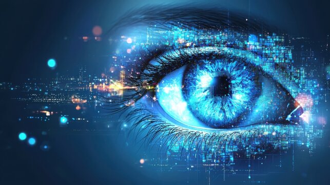 An abstract eye radiates digital patterns, embodying vigilance and constant monitoring in cybersecurity