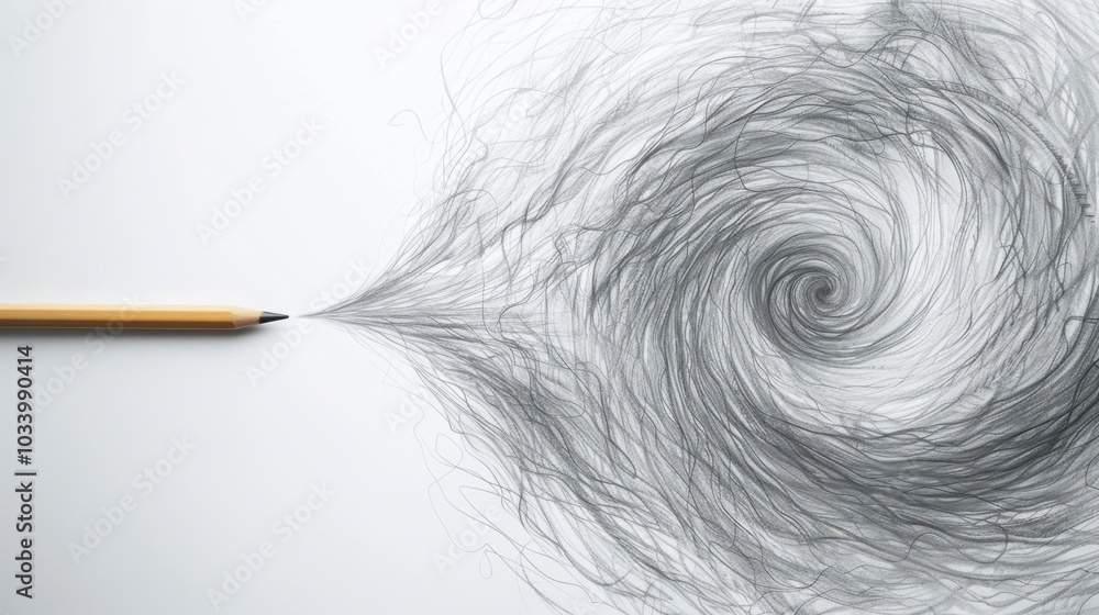 Poster Creative pencil drawing of swirling lines resembling vortex, symbolizing imagination and artistic expression. pencil is positioned to create dynamic flow of graphite