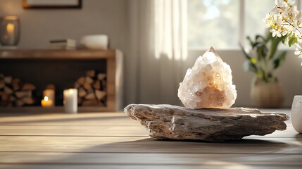 Healing crystal placed on a body during a meditation session, natural energy healing, 3D illustration