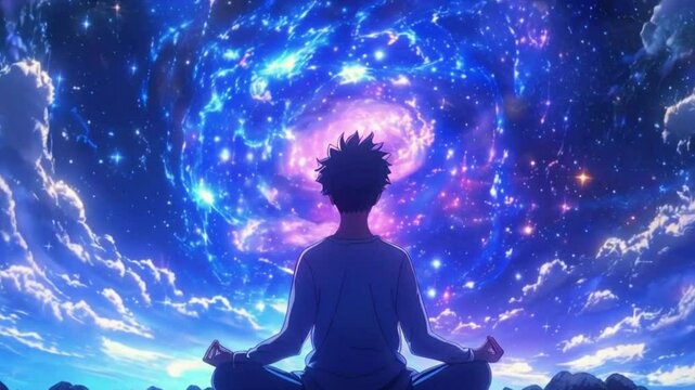 A meditator&rsquo;s head, vibrant, swirling energy extending crown chakra, bridge cosmos. sequence planets stars align, stages enlightenment, 4k high-quality Victor anime-style background Animation Video