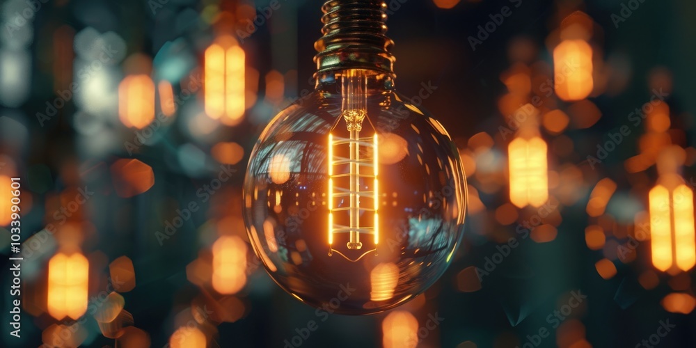 Poster Close-up of a light bulb with multiple lights in the background, ideal for use in illustrations about technology or innovation