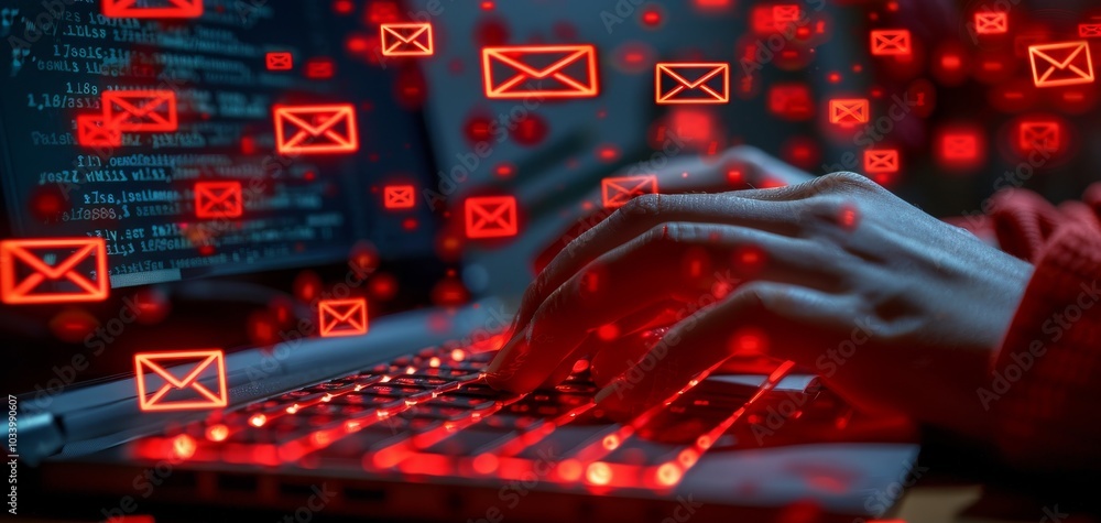Aufkleber person typing on a laptop with glowing red email icons in the background, symbolizing communication 