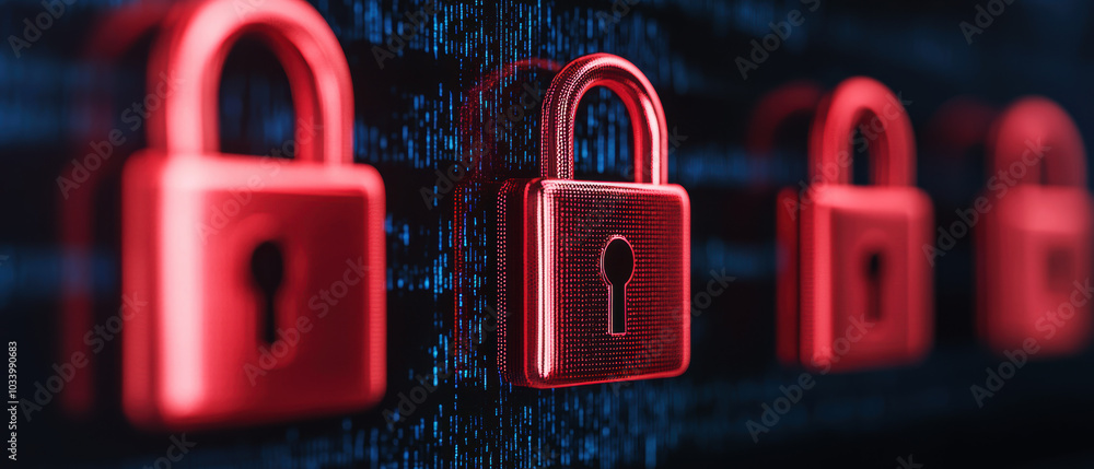 Poster a close-up image of several shiny red padlocks set against a dark, digital background, symbolizing s