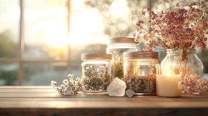 Healing herbs in glass jars with candles and crystals, natural remedy station, 3D illustration