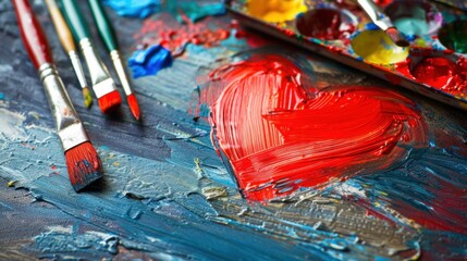 Obraz premium vibrant heart painted in red stands out against textured blue background, surrounded by brushes and palette filled with colorful paints, evoking creativity and passion