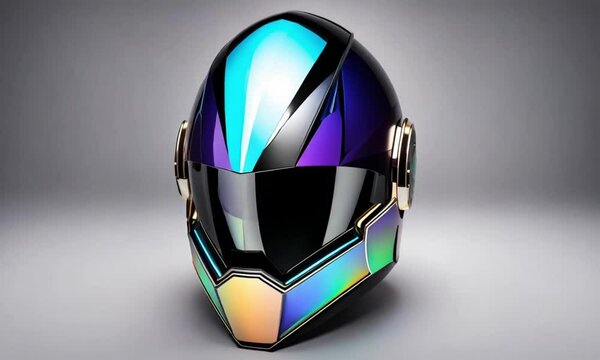 futuristic holographic crystal helmet with an iridescent sheen shifting colors isolated on a white background. digital art