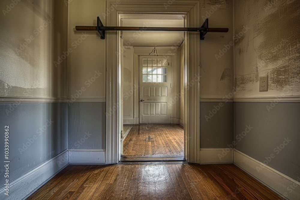Poster a simple empty room with wooden floor and door, suitable for interior design or minimalist concept