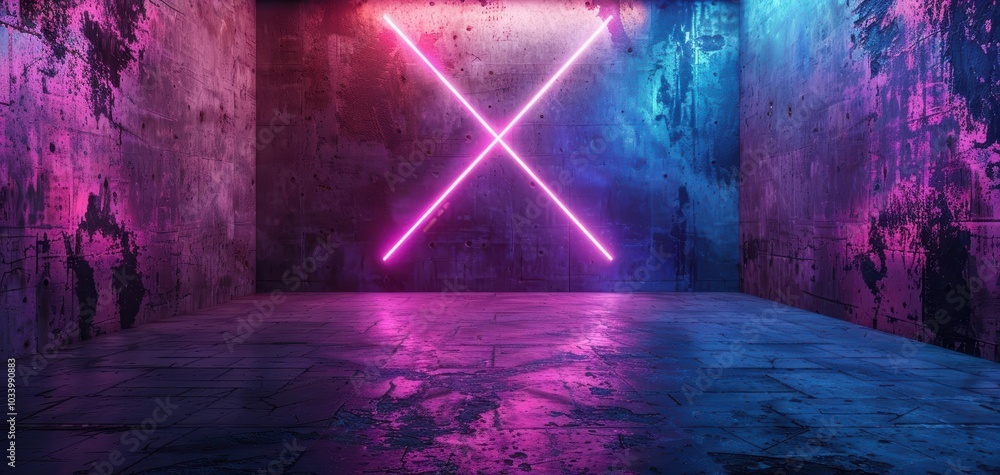 Poster Vivid neon lights intersect in an urban environment creating a futuristic atmosphere. Perfect for modern design projects.