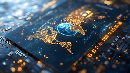 3D Holographic Credit Card Design with Earth and Gear Icons on Glossy White Surface for Global Finance Innovation