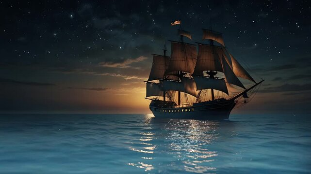 A ship sails in the middle of the sea at night. Seamless 4K looping timelapse video animation background