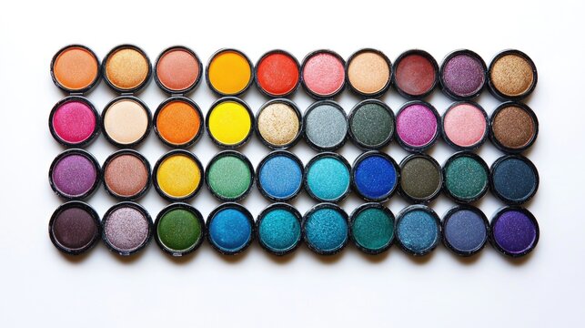 Compact selection of vibrant eyeshadows arranged on a clean white background, ideal for makeup tutorials or beauty product displays