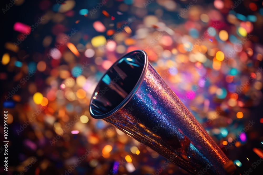 Canvas Prints A party horn with colorful confetti in the background