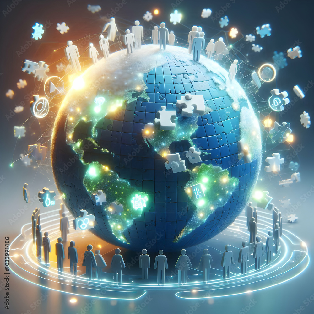 Poster 3d glowing puzzle globe concept with community business elements - abstract close-up of puzzle piece