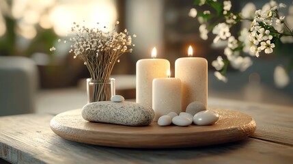 Natural healing altar with candles, sage, and energy stones, 3D illustration