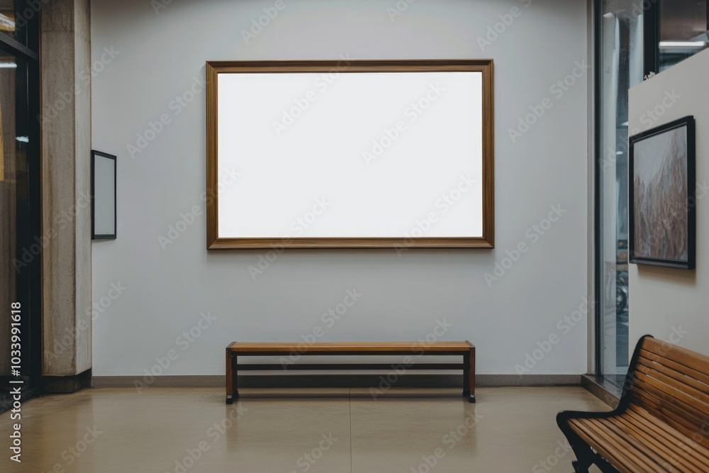 Poster A wooden bench sits in front of a picture frame, showcasing a home decor scene