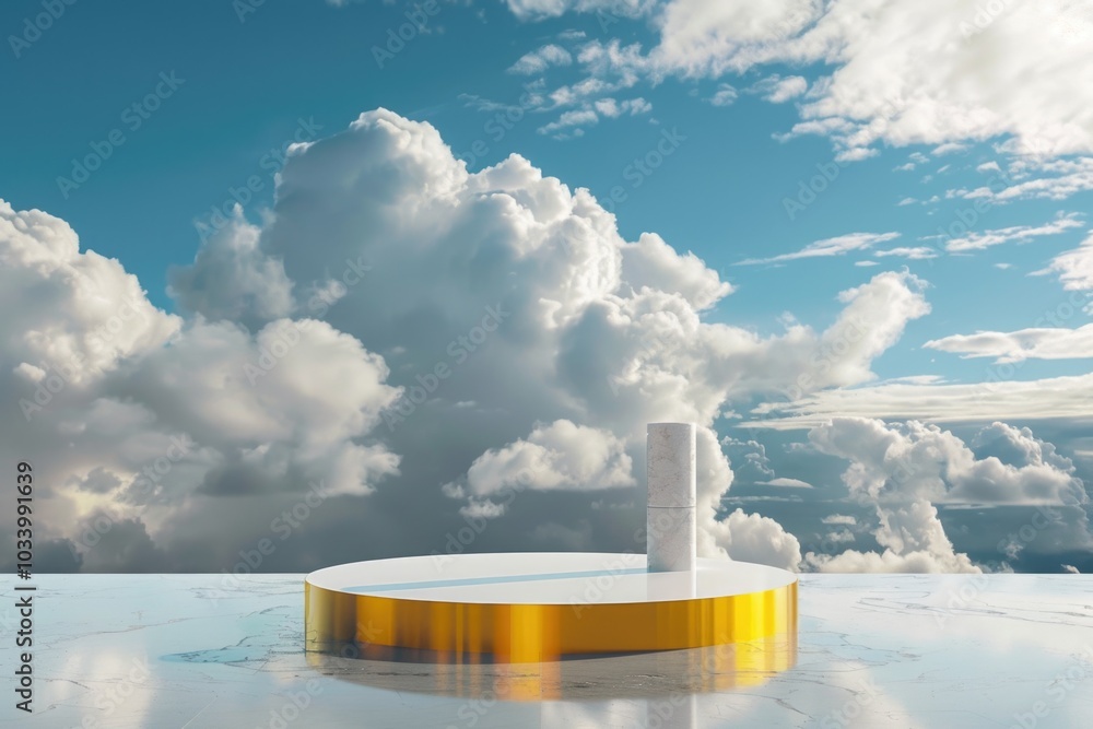 Poster A minimalist design element featuring a white and gold platform floating in a cloudy sky, perfect for use as a background or texture