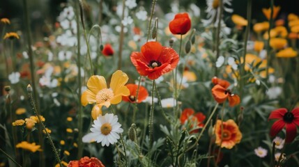 Fototapeta premium vibrant field of wildflowers showcases beautiful array of colors, featuring red poppies, yellow blooms, and white daisies. This lively scene evokes sense of joy and tranquility
